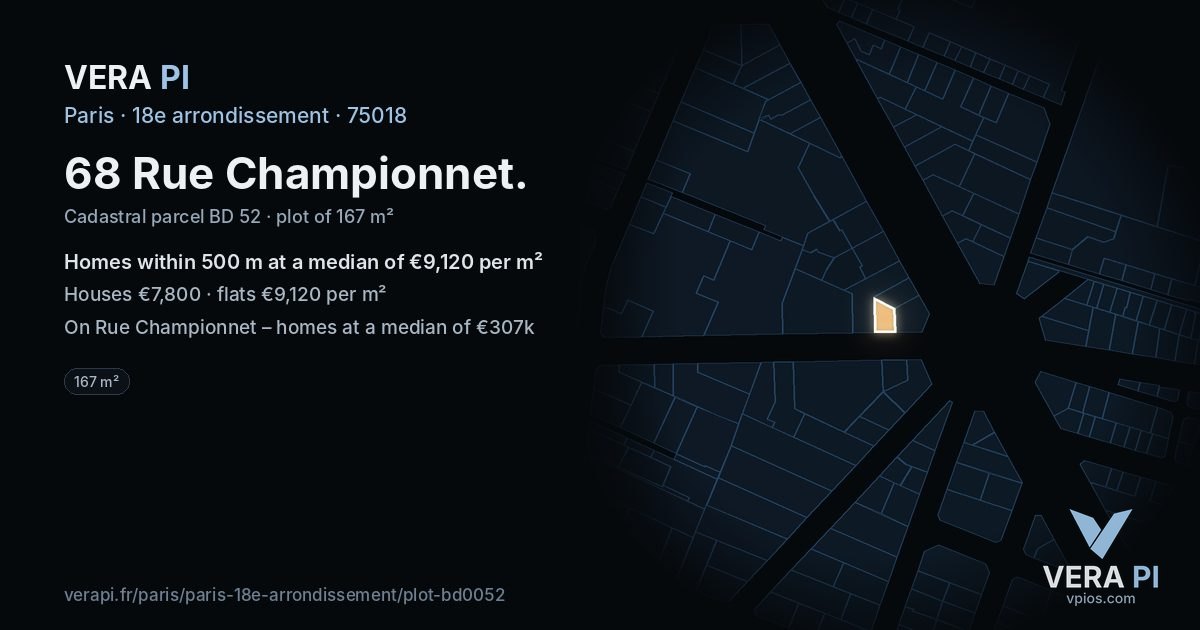 68 Rue Championnet, 18e arrondissement at night – the plot lit, the parcels around coloured by the prices near them