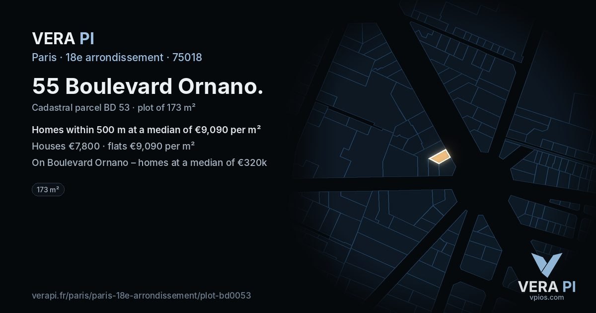 55 Boulevard Ornano, 18e arrondissement at night – the plot lit, the parcels around coloured by the prices near them