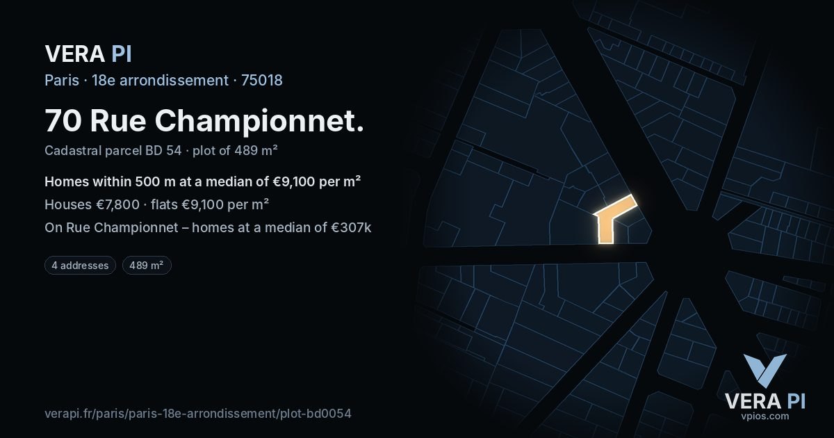 70 Rue Championnet, 18e arrondissement at night – the plot lit, the parcels around coloured by the prices near them