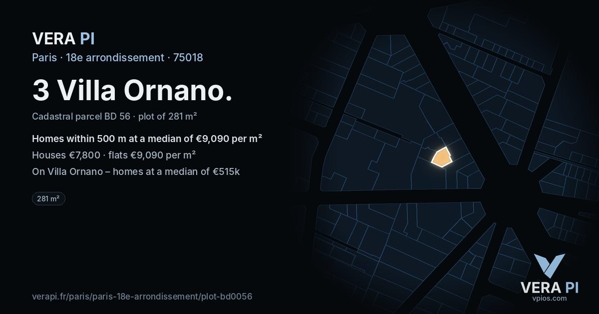 3 Villa Ornano, 18e arrondissement at night – the plot lit, the parcels around coloured by the prices near them