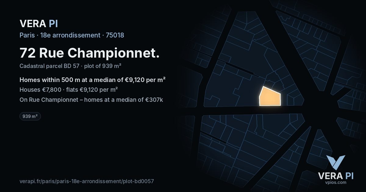 72 Rue Championnet, 18e arrondissement at night – the plot lit, the parcels around coloured by the prices near them