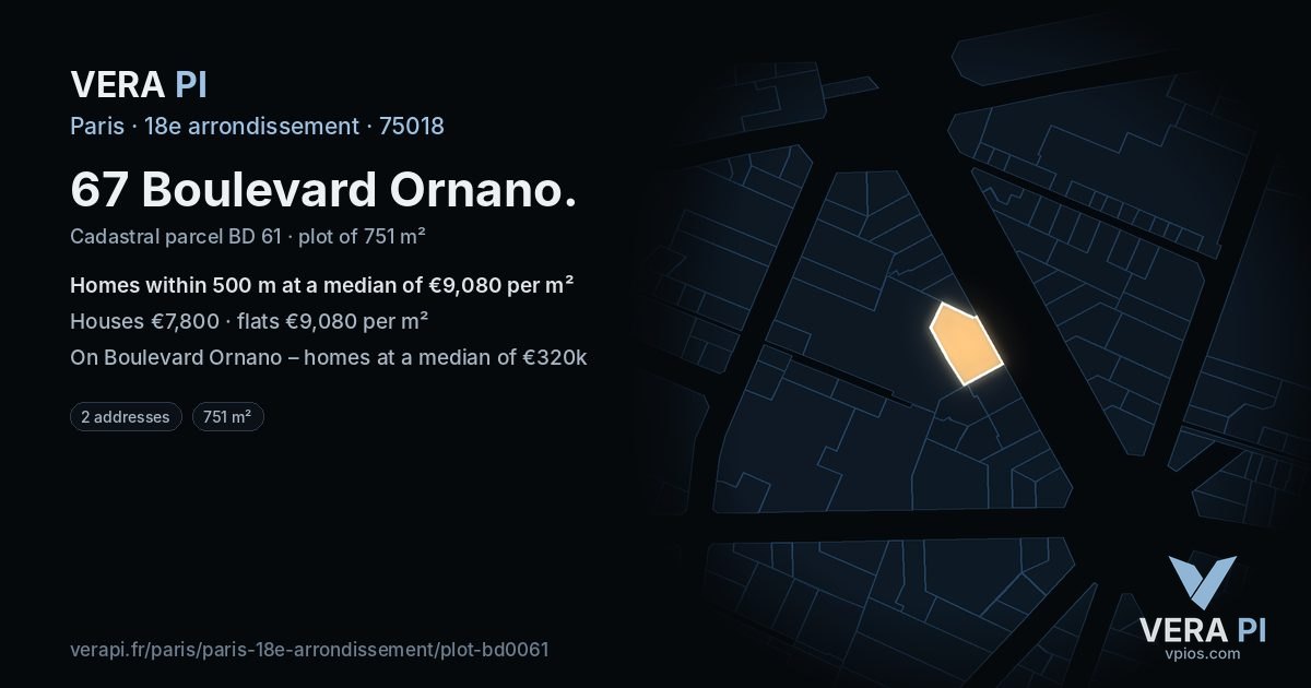 67 Boulevard Ornano, 18e arrondissement at night – the plot lit, the parcels around coloured by the prices near them