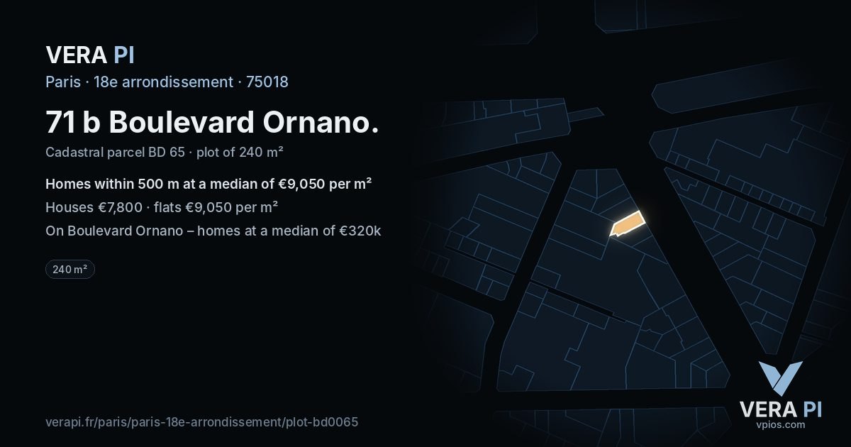 71 b Boulevard Ornano, 18e arrondissement at night – the plot lit, the parcels around coloured by the prices near them