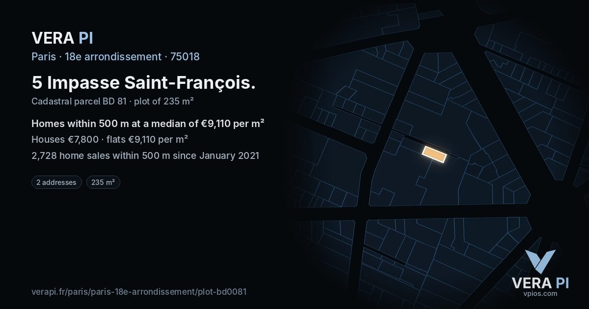 5 Impasse Saint-François, 18e arrondissement at night – the plot lit, the parcels around coloured by the prices near them