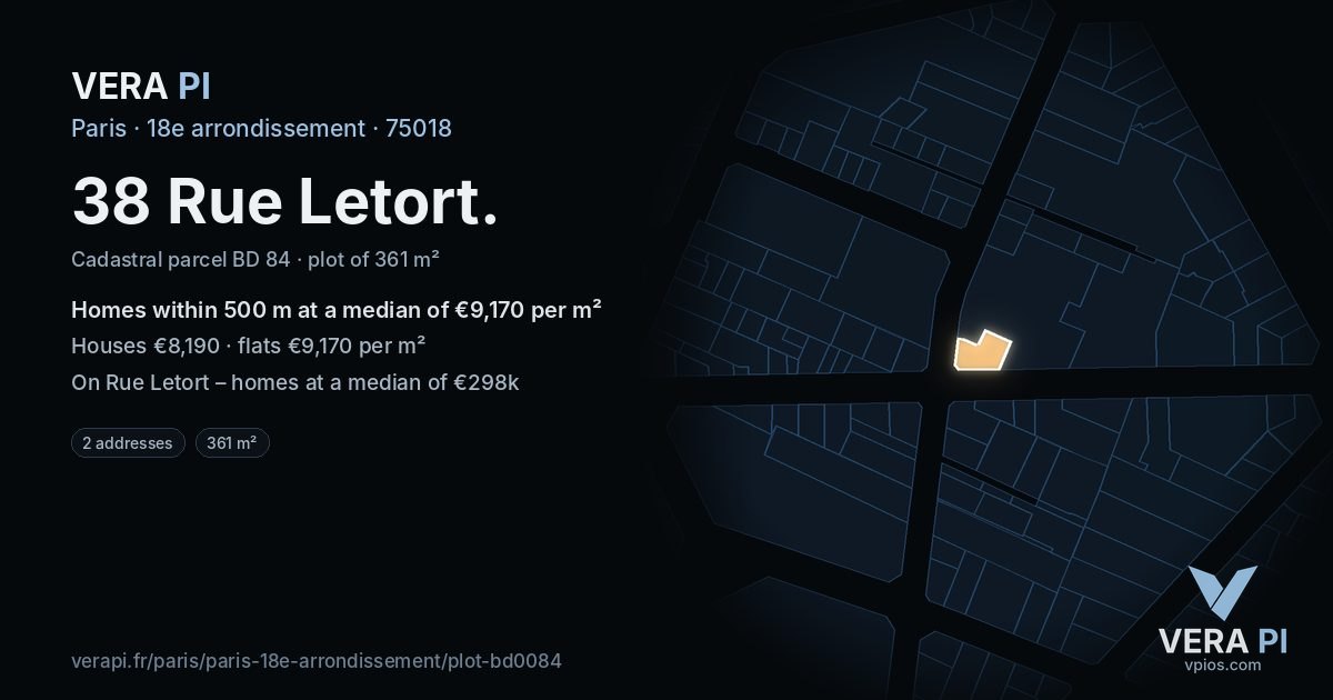 38 Rue Letort, 18e arrondissement at night – the plot lit, the parcels around coloured by the prices near them