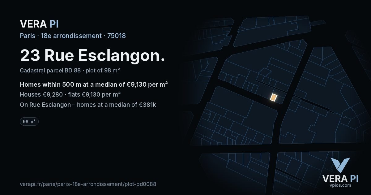 23 Rue Esclangon, 18e arrondissement at night – the plot lit, the parcels around coloured by the prices near them