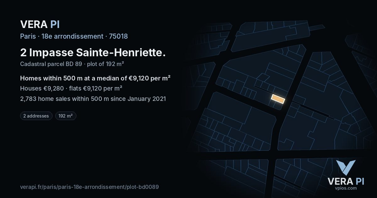 2 Impasse Sainte-Henriette, 18e arrondissement at night – the plot lit, the parcels around coloured by the prices near them