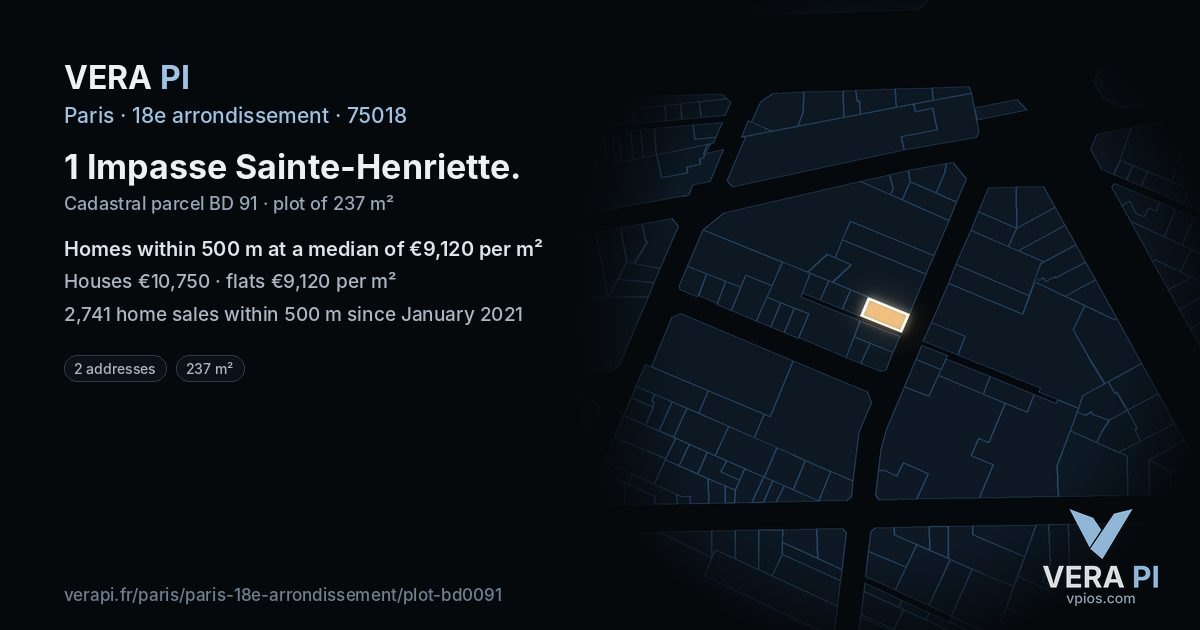 1 Impasse Sainte-Henriette, 18e arrondissement at night – the plot lit, the parcels around coloured by the prices near them