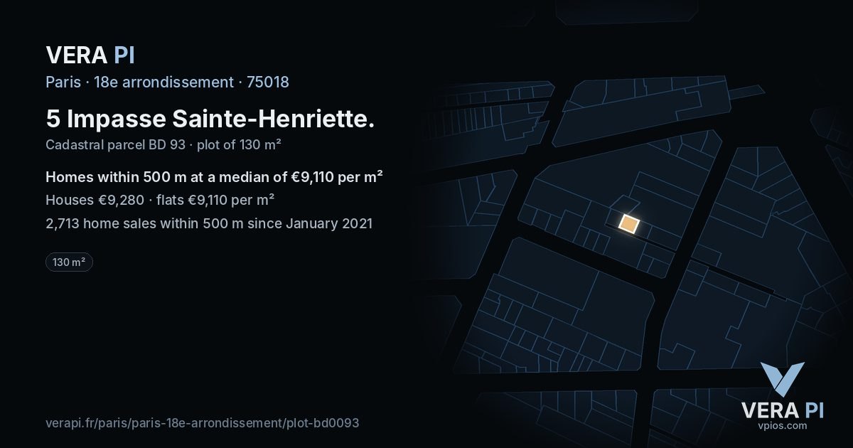 5 Impasse Sainte-Henriette, 18e arrondissement at night – the plot lit, the parcels around coloured by the prices near them