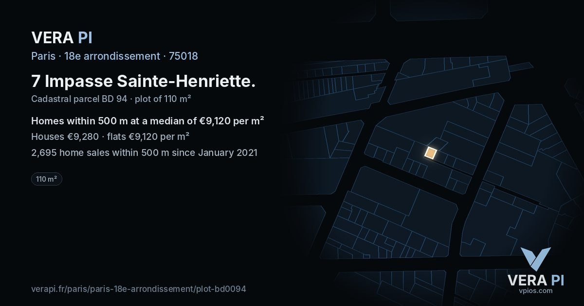7 Impasse Sainte-Henriette, 18e arrondissement at night – the plot lit, the parcels around coloured by the prices near them