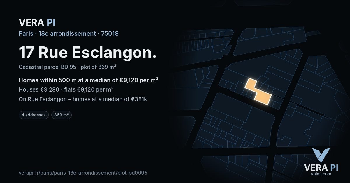 17 Rue Esclangon, 18e arrondissement at night – the plot lit, the parcels around coloured by the prices near them