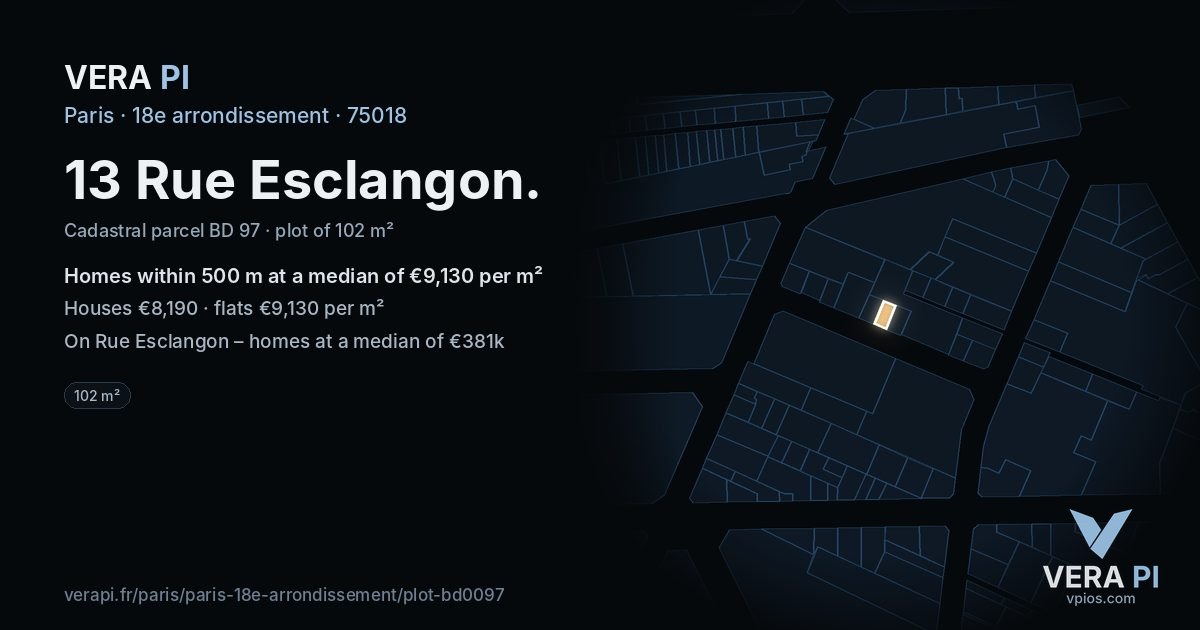 13 Rue Esclangon, 18e arrondissement at night – the plot lit, the parcels around coloured by the prices near them