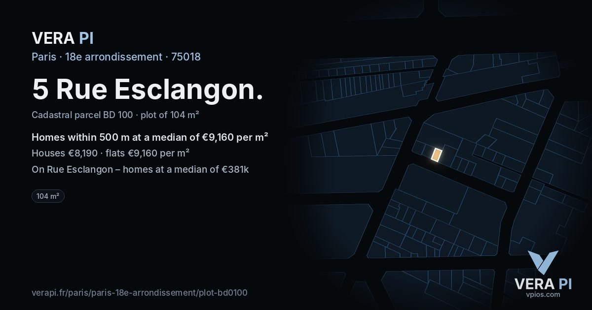 5 Rue Esclangon, 18e arrondissement at night – the plot lit, the parcels around coloured by the prices near them