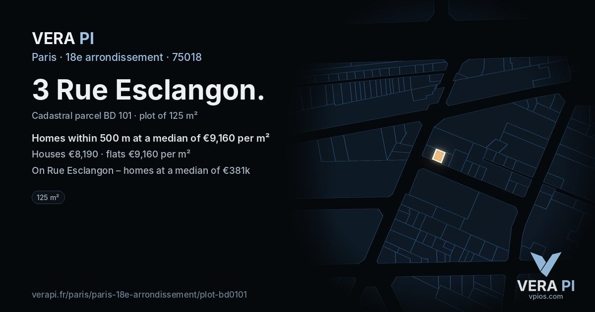 3 Rue Esclangon, 18e arrondissement at night – the plot lit, the parcels around coloured by the prices near them
