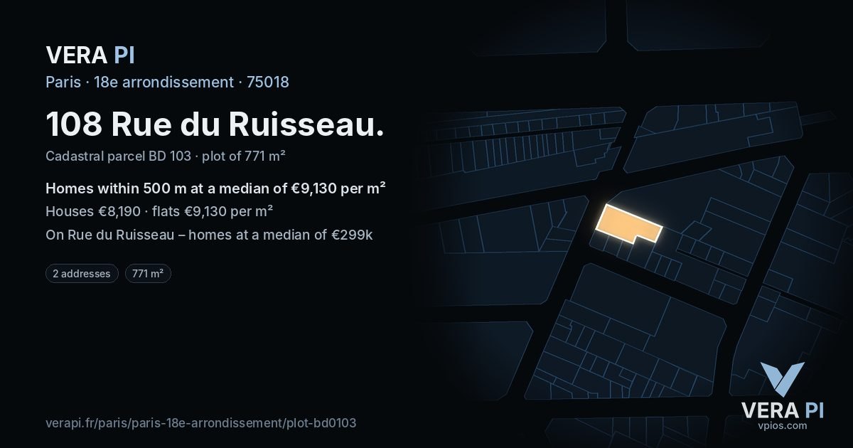 108 Rue du Ruisseau, 18e arrondissement at night – the plot lit, the parcels around coloured by the prices near them