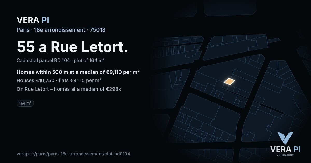 55 a Rue Letort, 18e arrondissement at night – the plot lit, the parcels around coloured by the prices near them