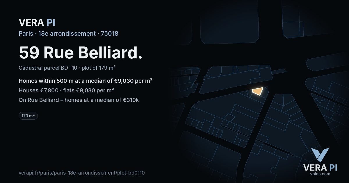 59 Rue Belliard, 18e arrondissement at night – the plot lit, the parcels around coloured by the prices near them