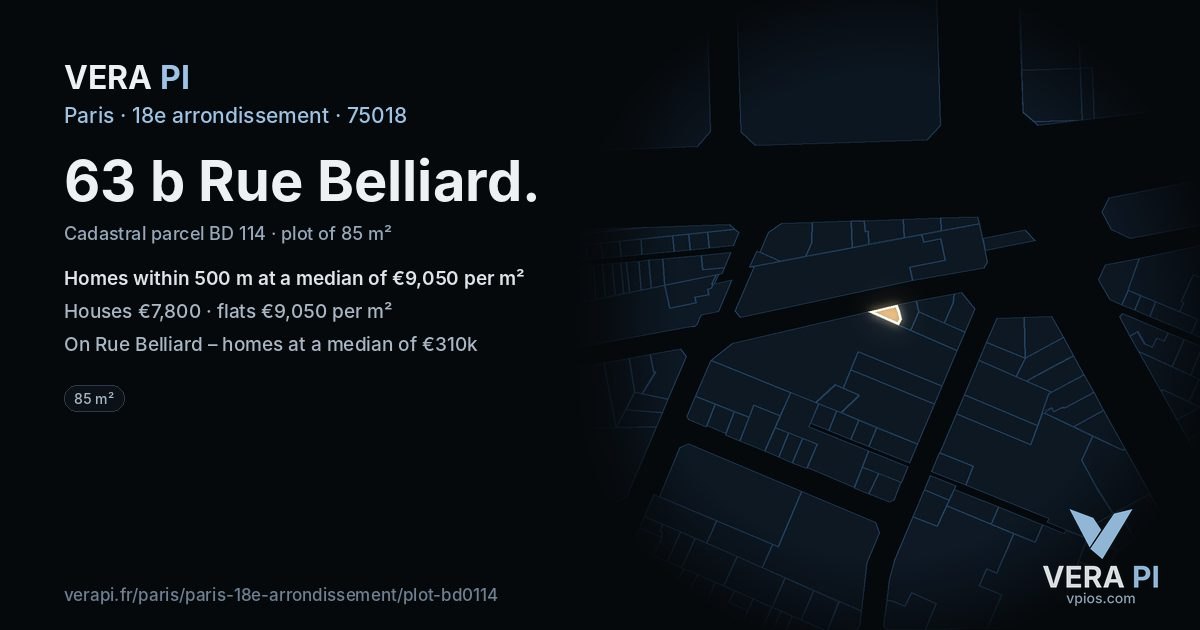 63 b Rue Belliard, 18e arrondissement at night – the plot lit, the parcels around coloured by the prices near them