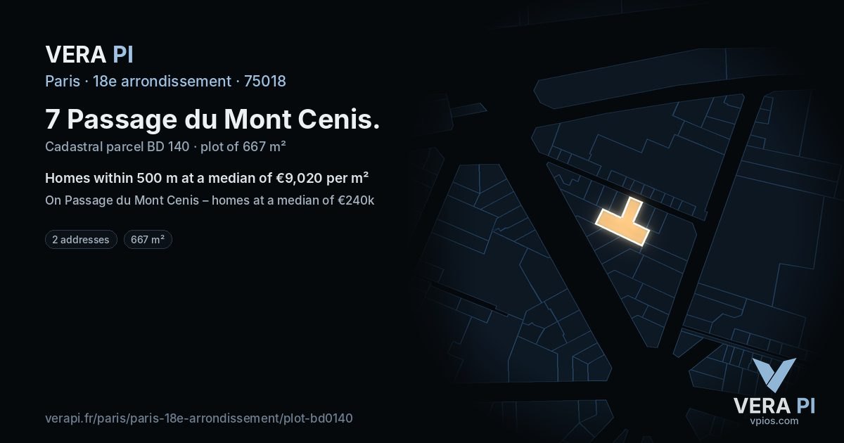 7 Passage du Mont Cenis, 18e arrondissement at night – the plot lit, the parcels around coloured by the prices near them