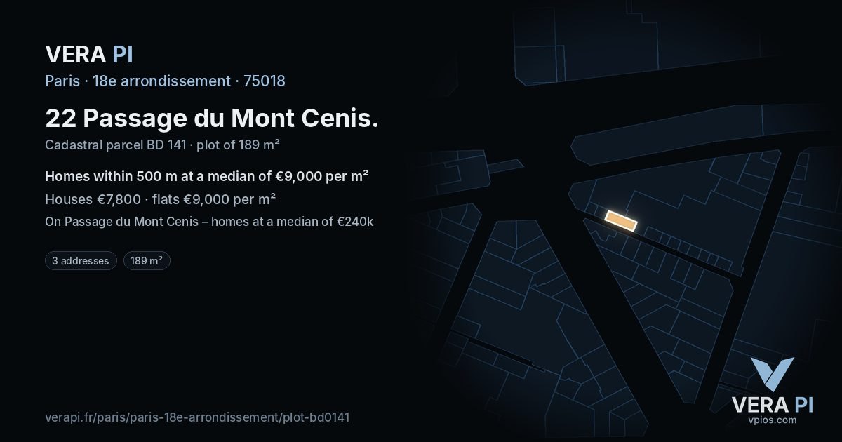 22 Passage du Mont Cenis, 18e arrondissement at night – the plot lit, the parcels around coloured by the prices near them