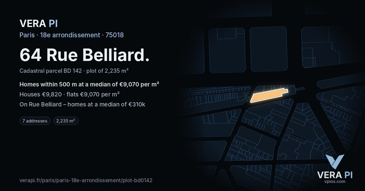 64 Rue Belliard, 18e arrondissement at night – the plot lit, the parcels around coloured by the prices near them