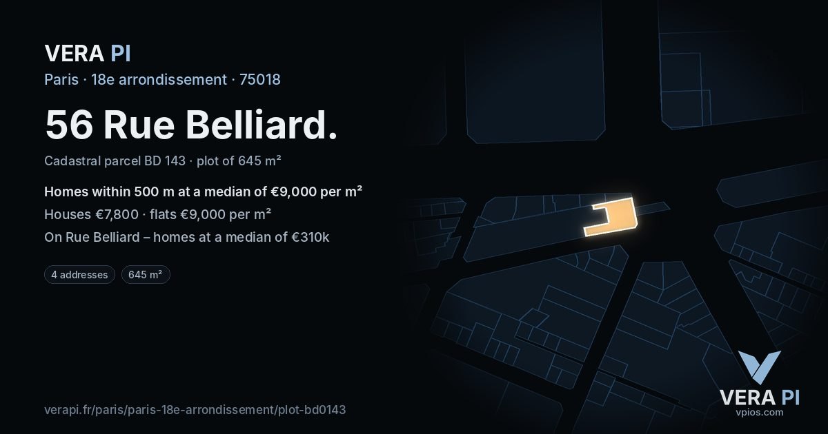 56 Rue Belliard, 18e arrondissement at night – the plot lit, the parcels around coloured by the prices near them