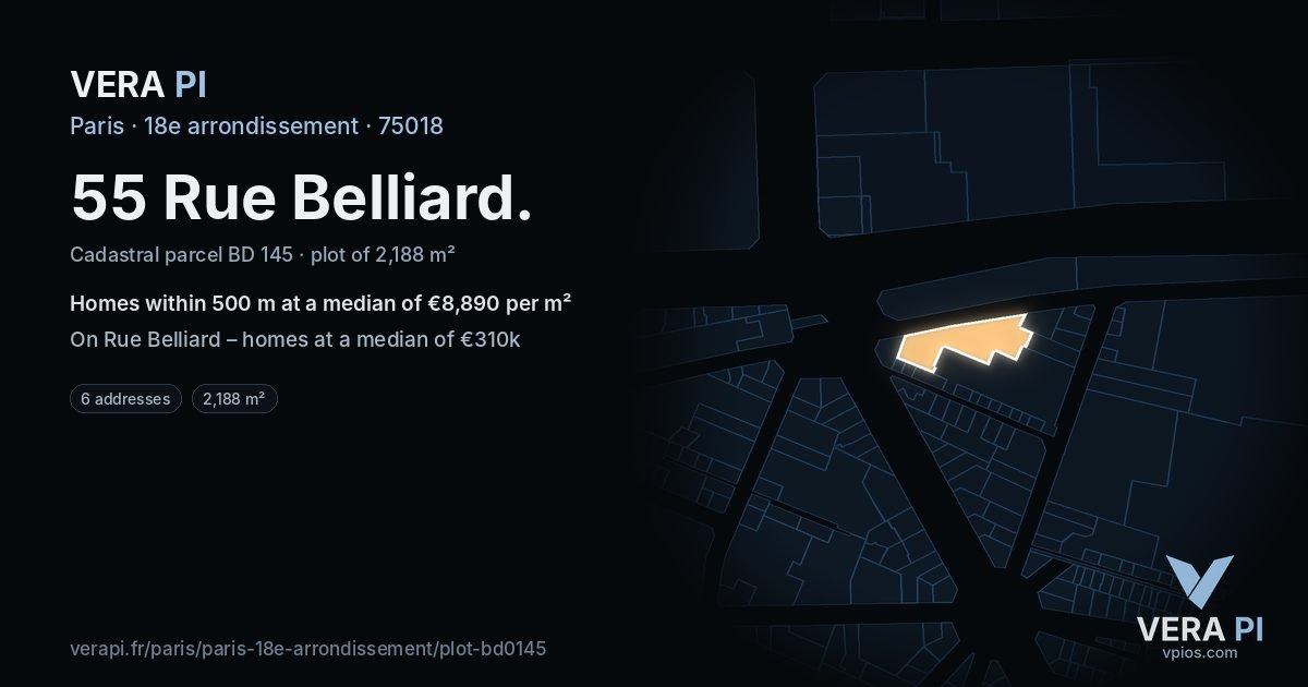 55 Rue Belliard, 18e arrondissement at night – the plot lit, the parcels around coloured by the prices near them