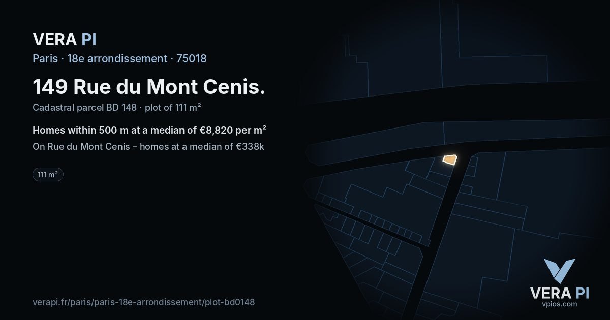 149 Rue du Mont Cenis, 18e arrondissement at night – the plot lit, the parcels around coloured by the prices near them