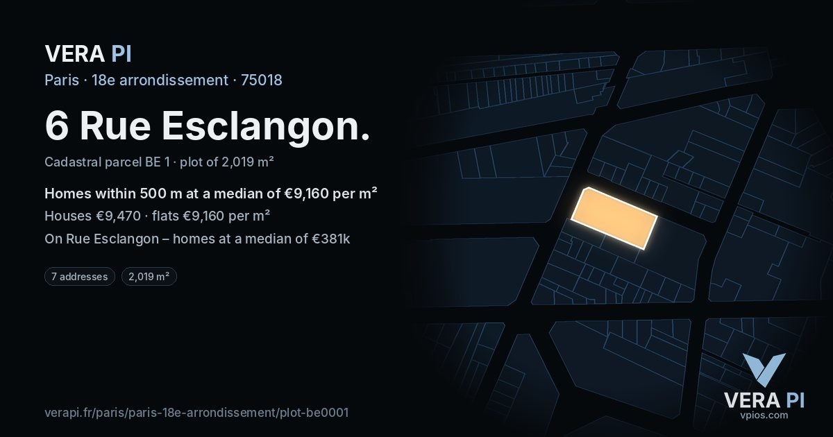 6 Rue Esclangon, 18e arrondissement at night – the plot lit, the parcels around coloured by the prices near them