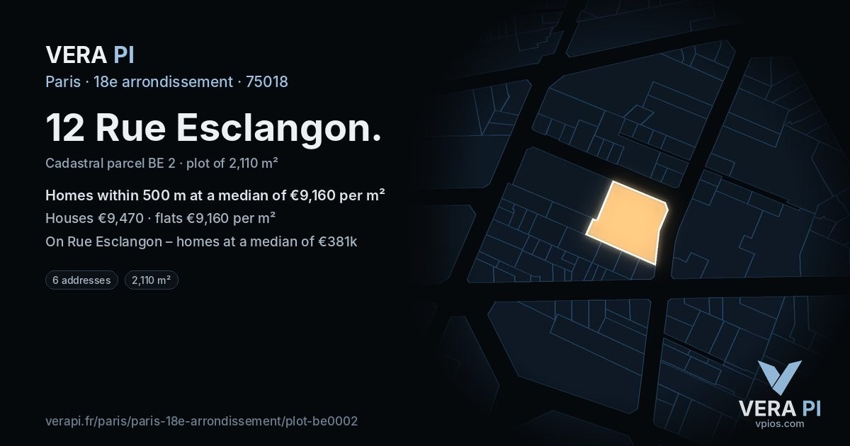 12 Rue Esclangon, 18e arrondissement at night – the plot lit, the parcels around coloured by the prices near them