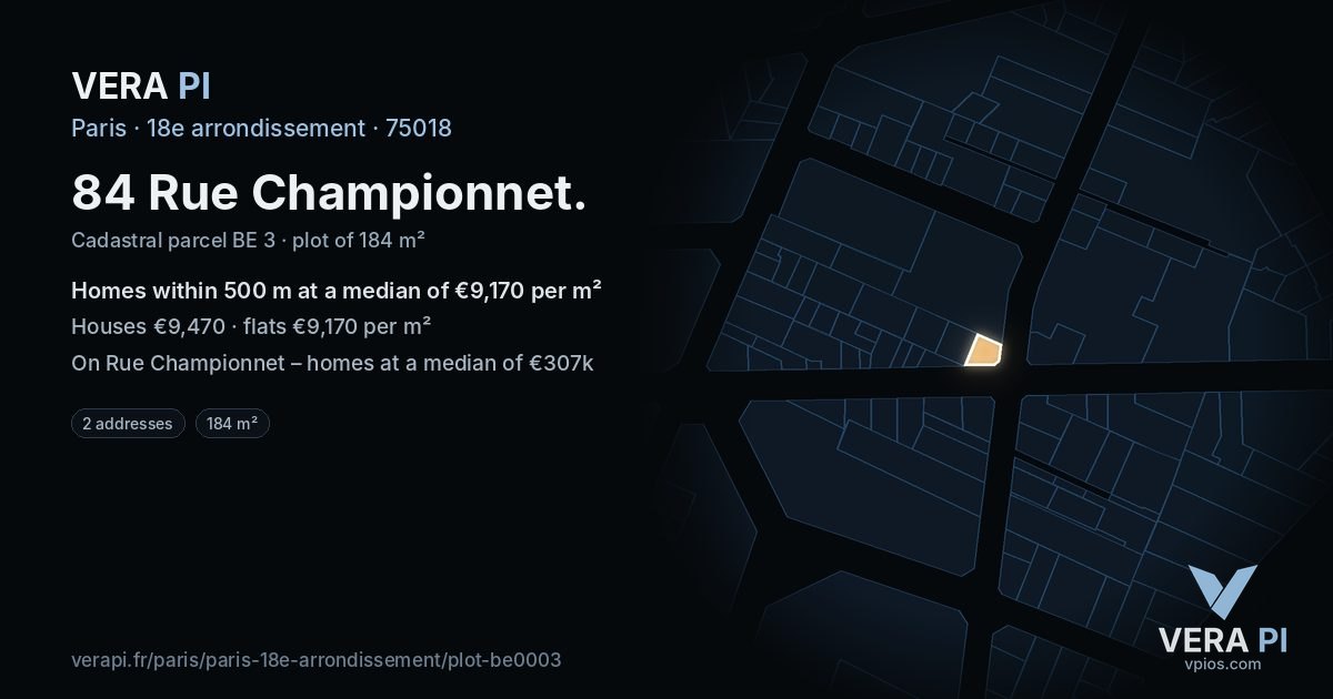84 Rue Championnet, 18e arrondissement at night – the plot lit, the parcels around coloured by the prices near them