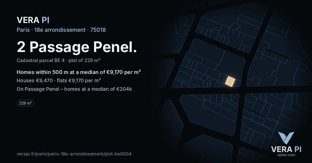 2 Passage Penel, 18e arrondissement at night – the plot lit, the parcels around coloured by the prices near them