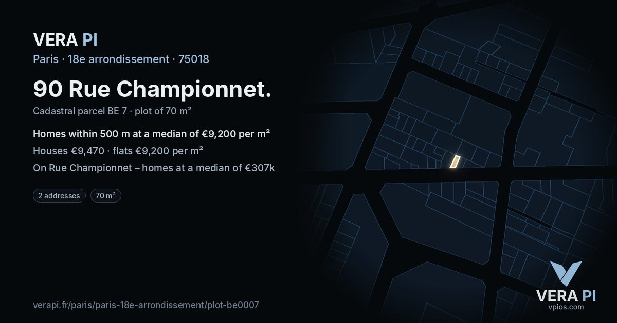 90 Rue Championnet, 18e arrondissement at night – the plot lit, the parcels around coloured by the prices near them