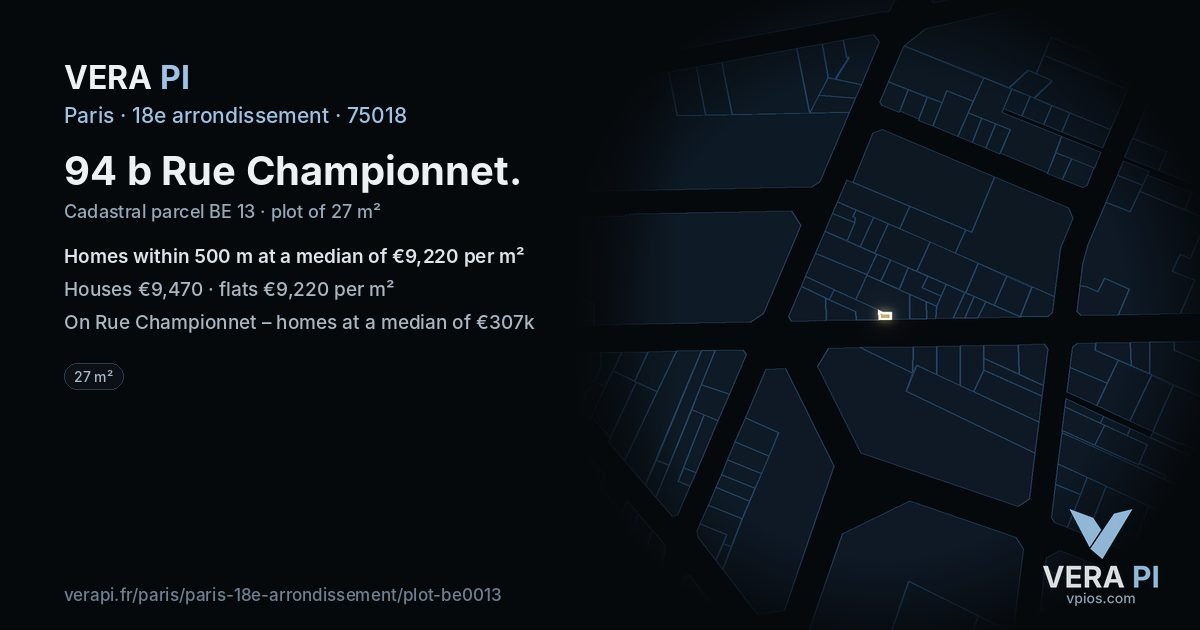 94 b Rue Championnet, 18e arrondissement at night – the plot lit, the parcels around coloured by the prices near them