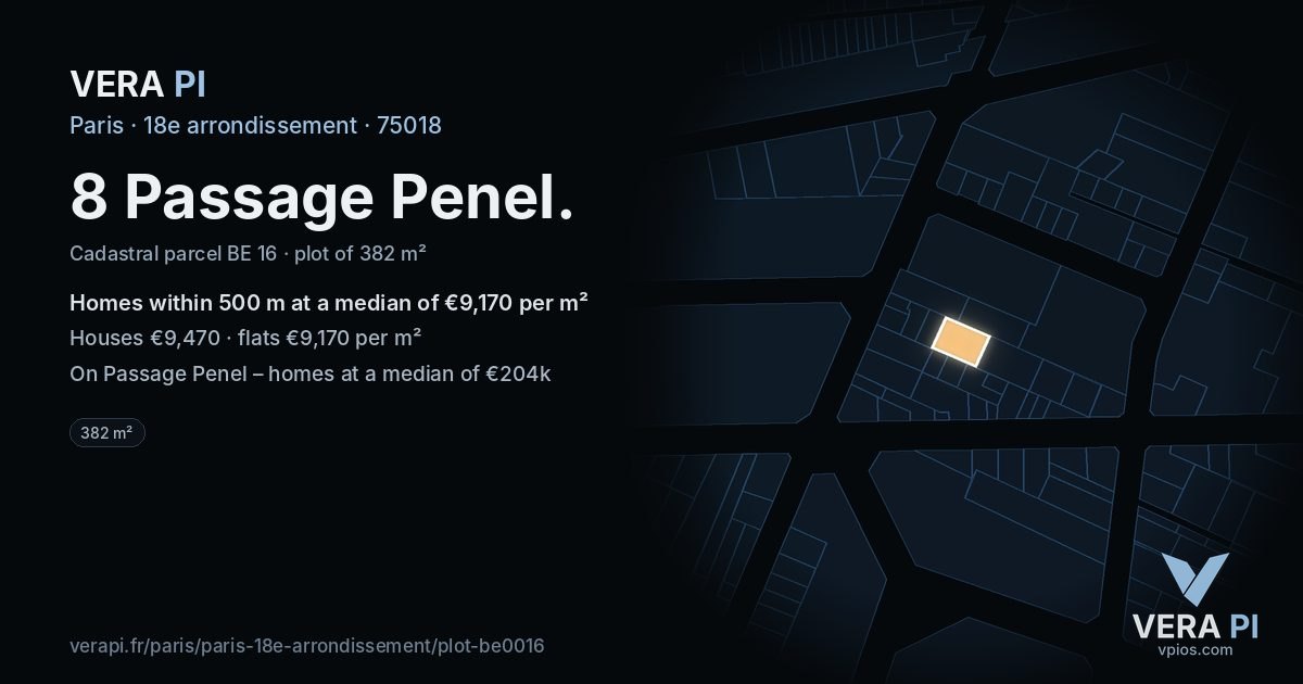 8 Passage Penel, 18e arrondissement at night – the plot lit, the parcels around coloured by the prices near them