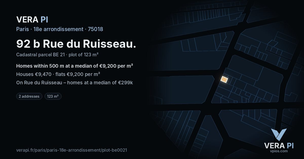 92 b Rue du Ruisseau, 18e arrondissement at night – the plot lit, the parcels around coloured by the prices near them