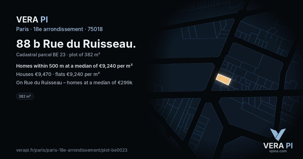 88 b Rue du Ruisseau, 18e arrondissement at night – the plot lit, the parcels around coloured by the prices near them