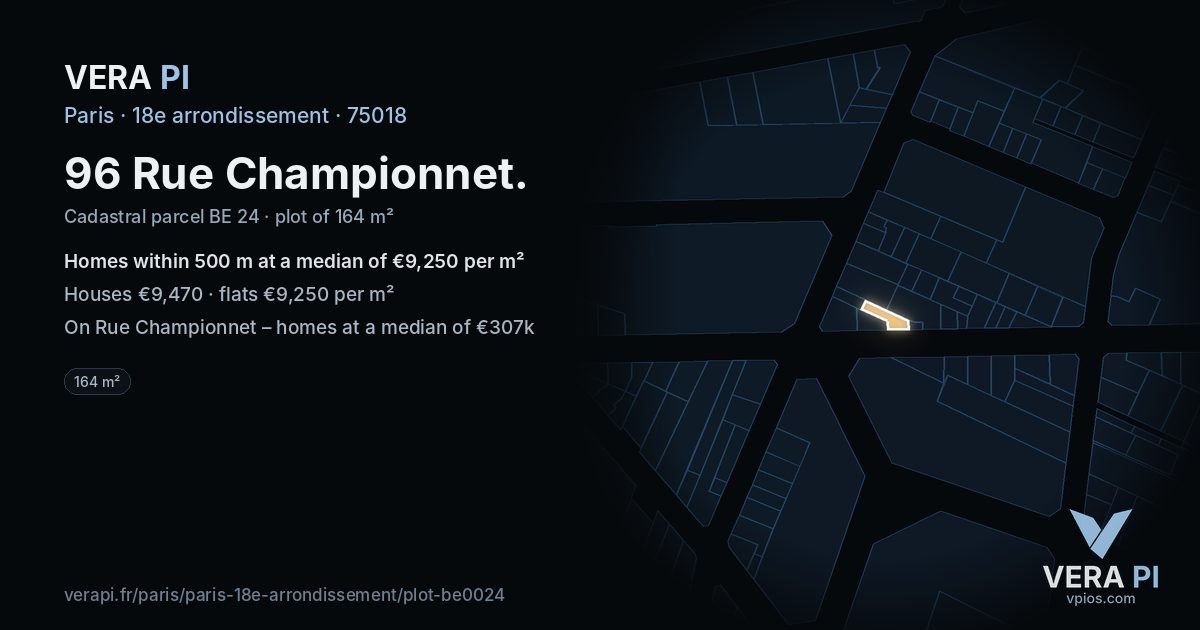 96 Rue Championnet, 18e arrondissement at night – the plot lit, the parcels around coloured by the prices near them