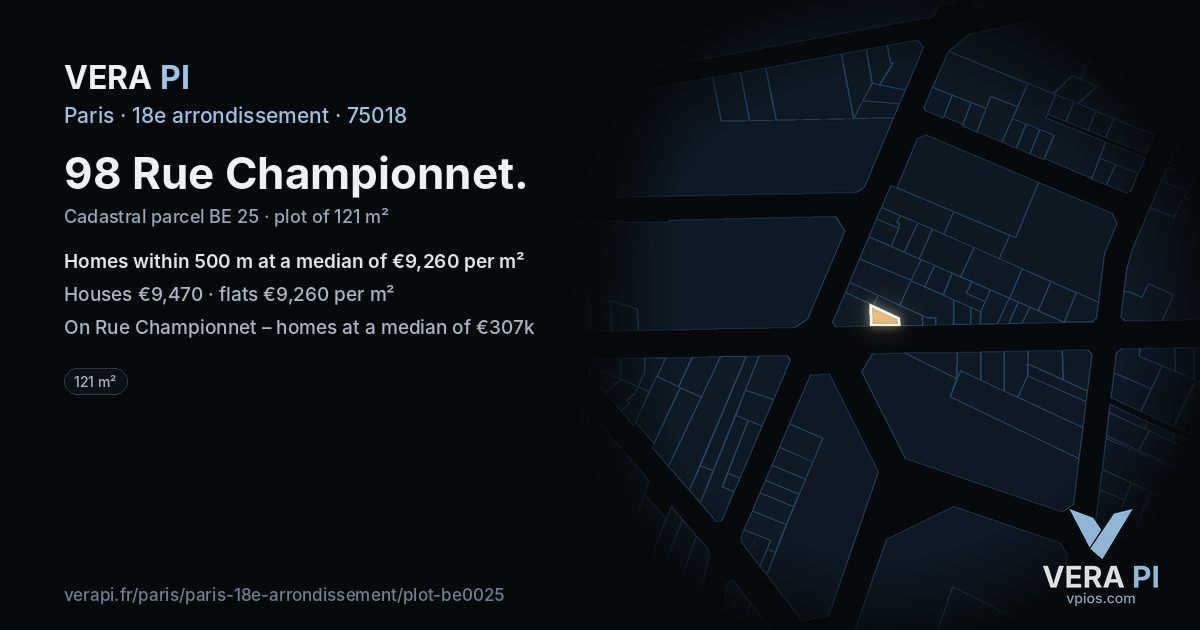 98 Rue Championnet, 18e arrondissement at night – the plot lit, the parcels around coloured by the prices near them