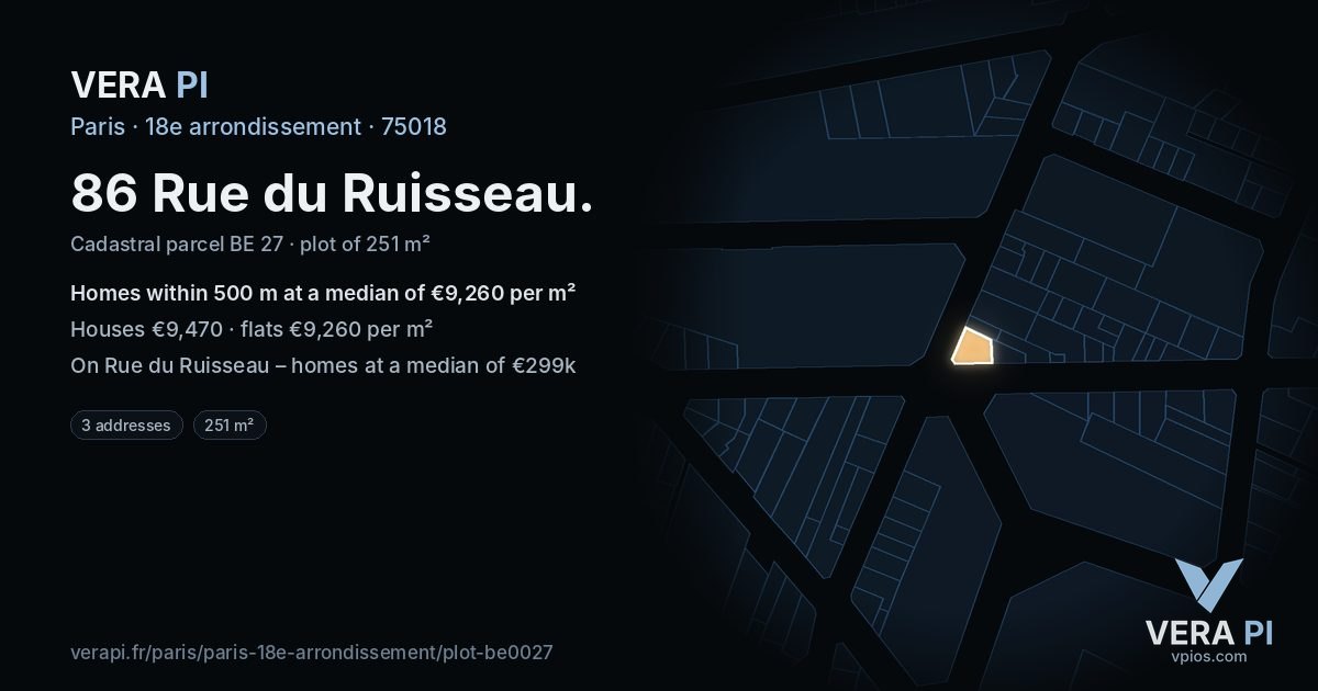 86 Rue du Ruisseau, 18e arrondissement at night – the plot lit, the parcels around coloured by the prices near them