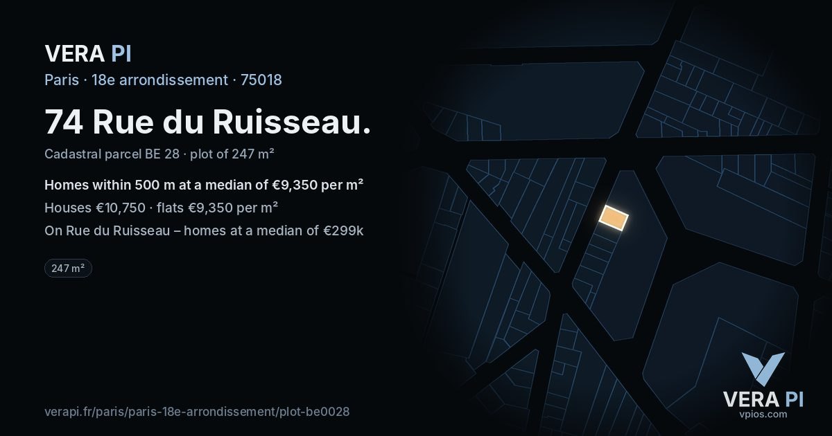 74 Rue du Ruisseau, 18e arrondissement at night – the plot lit, the parcels around coloured by the prices near them