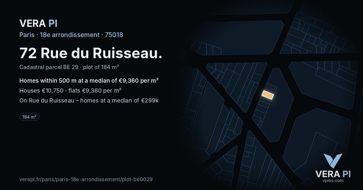 72 Rue du Ruisseau, 18e arrondissement at night – the plot lit, the parcels around coloured by the prices near them