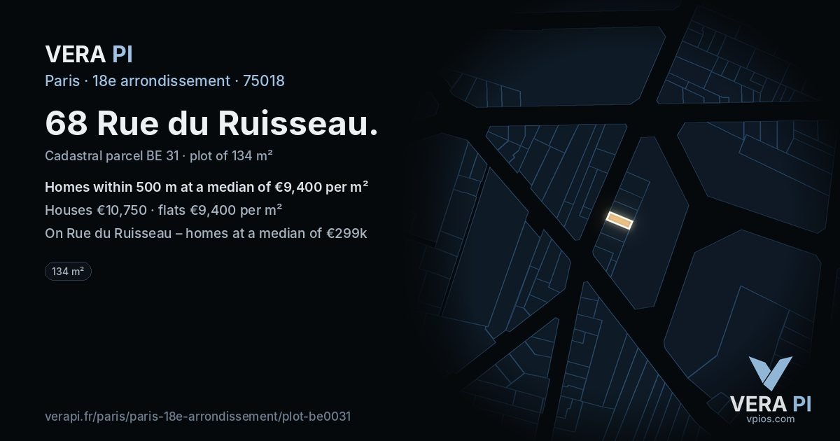 68 Rue du Ruisseau, 18e arrondissement at night – the plot lit, the parcels around coloured by the prices near them