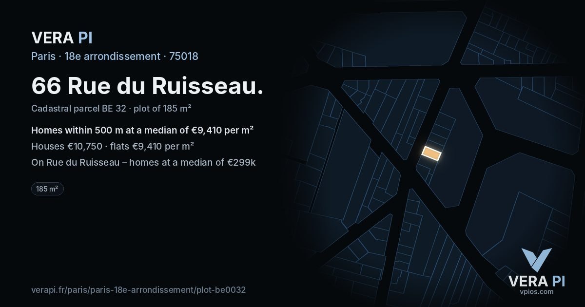 66 Rue du Ruisseau, 18e arrondissement at night – the plot lit, the parcels around coloured by the prices near them