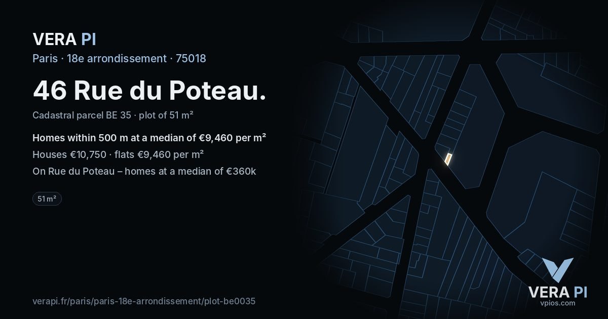 46 Rue du Poteau, 18e arrondissement at night – the plot lit, the parcels around coloured by the prices near them