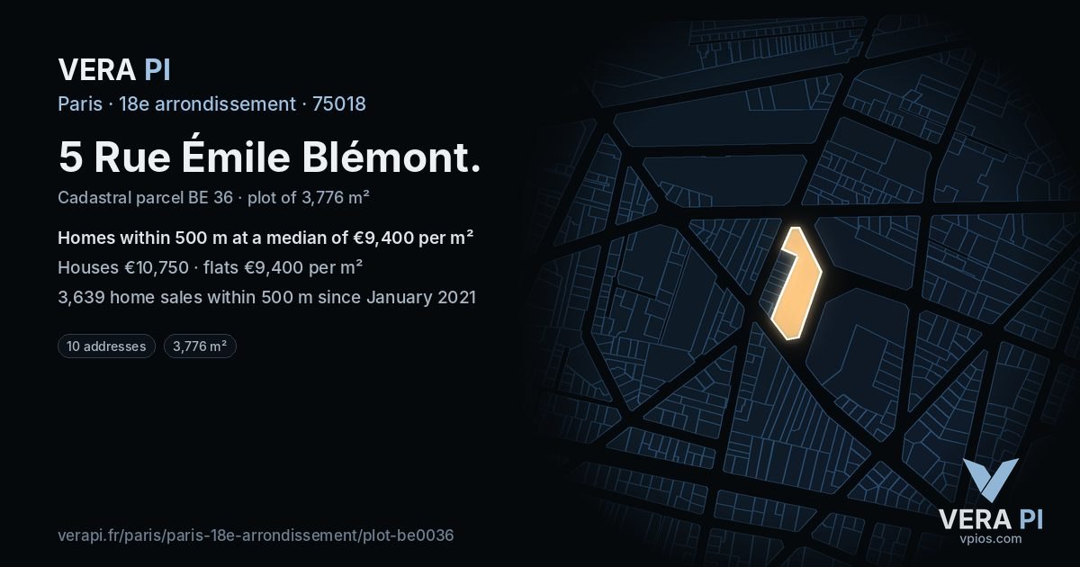 5 Rue Émile Blémont, 18e arrondissement at night – the plot lit, the parcels around coloured by the prices near them