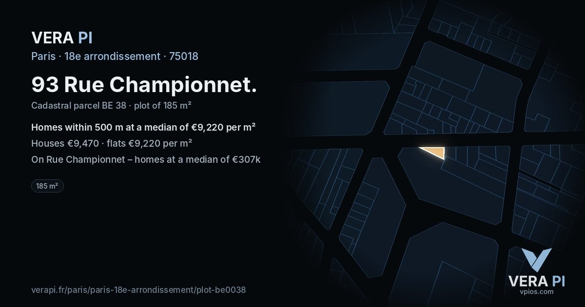 93 Rue Championnet, 18e arrondissement at night – the plot lit, the parcels around coloured by the prices near them