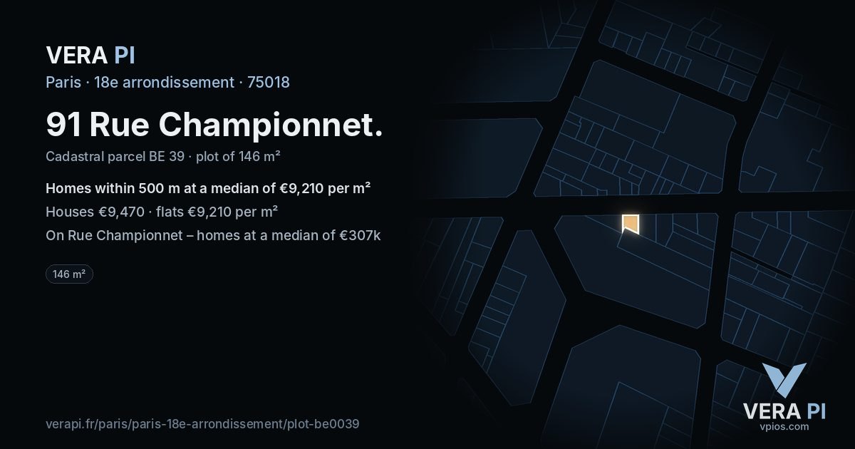 91 Rue Championnet, 18e arrondissement at night – the plot lit, the parcels around coloured by the prices near them