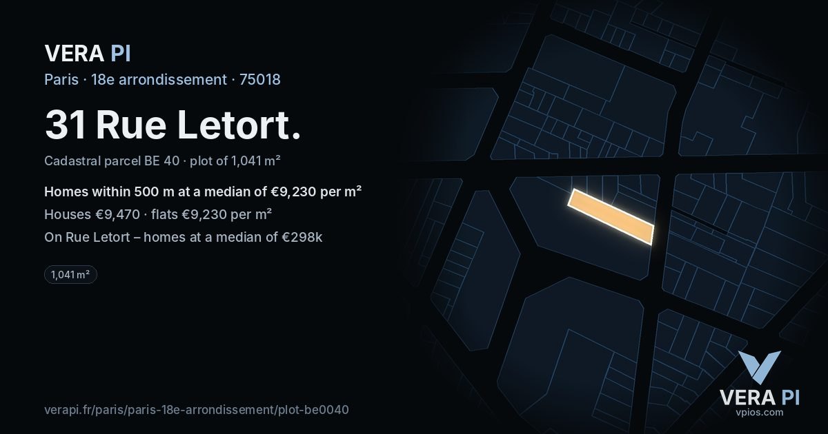 31 Rue Letort, 18e arrondissement at night – the plot lit, the parcels around coloured by the prices near them