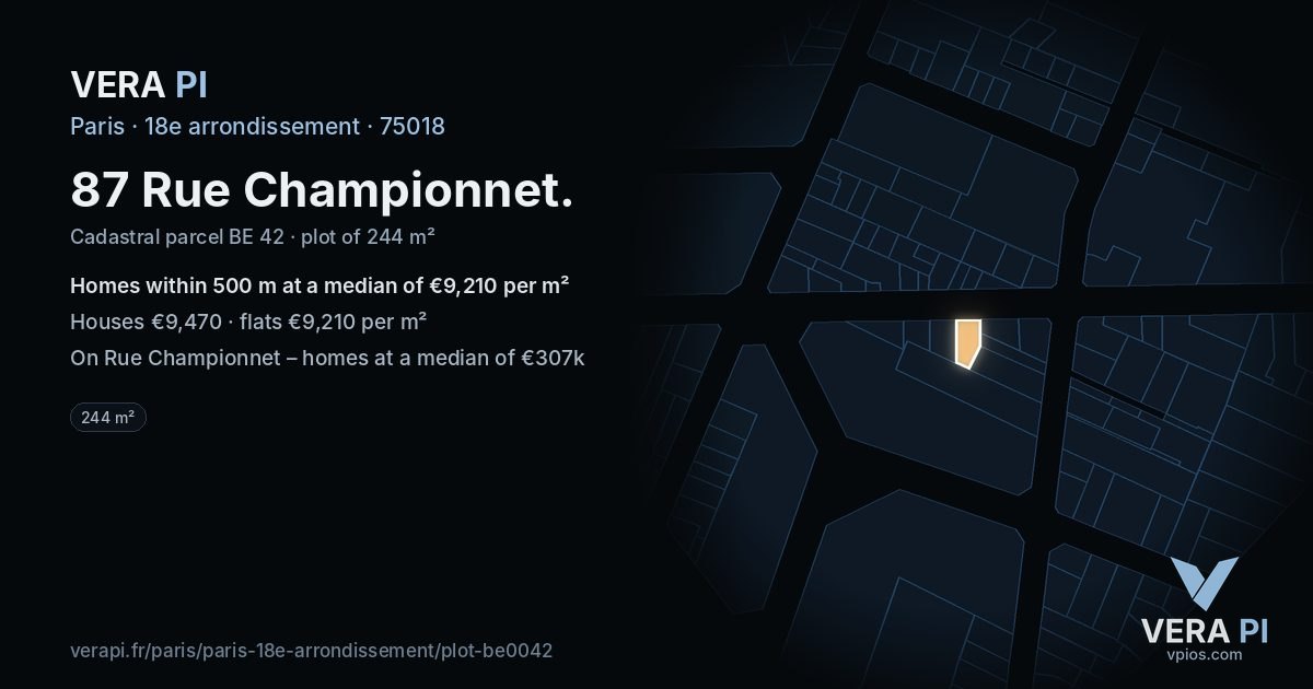 87 Rue Championnet, 18e arrondissement at night – the plot lit, the parcels around coloured by the prices near them